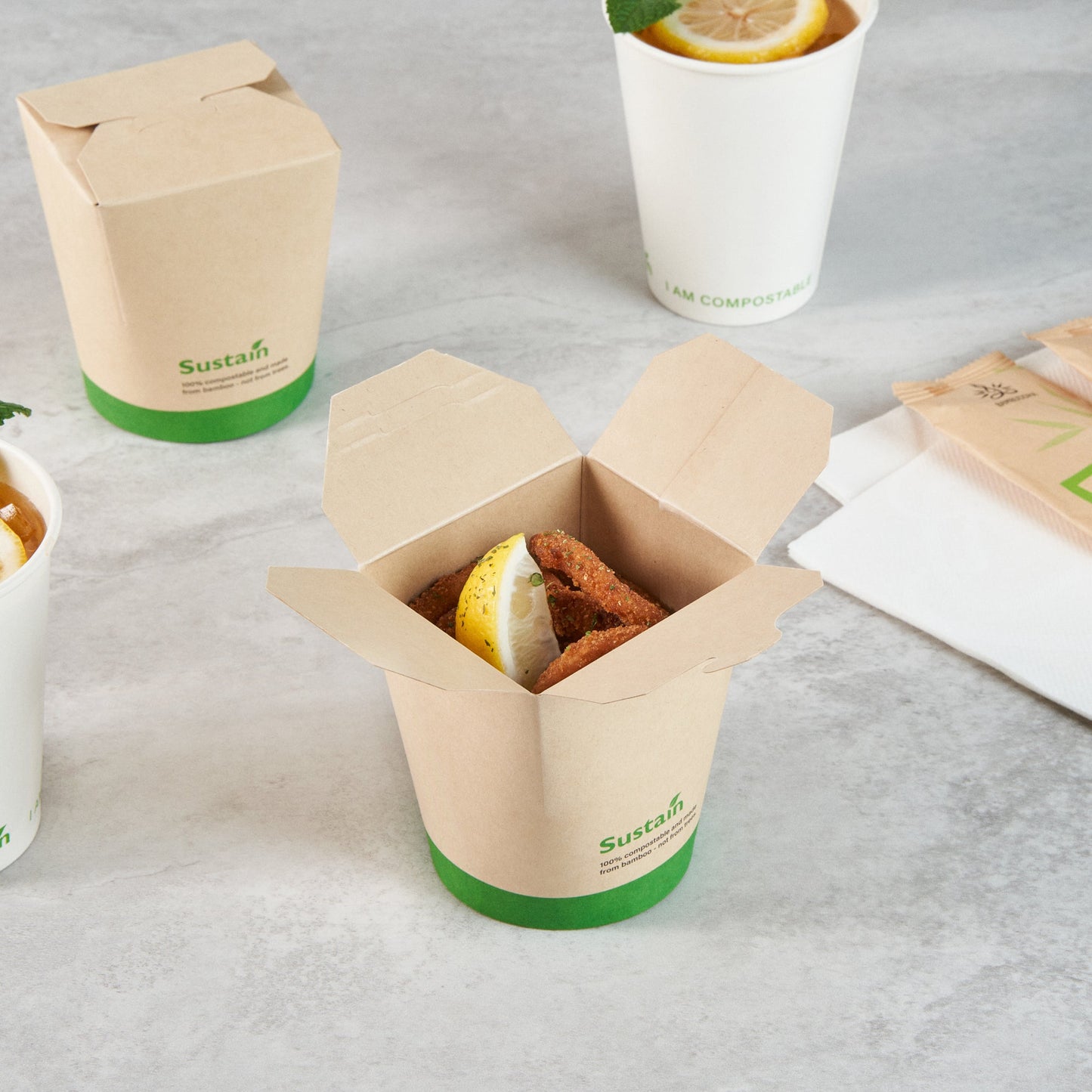 Sustain 16 oz Round Bamboo Paper Noodle Take Out Container - with PLA Lining, Compostable - 3 1/4" x 3" x 4" - 200 count box