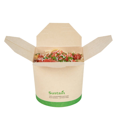 Sustain 26 oz Round Bamboo Paper Noodle Take Out Container - with PLA Lining, Compostable - 4" x 3 1/2" x 3 3/4" - 200 count box