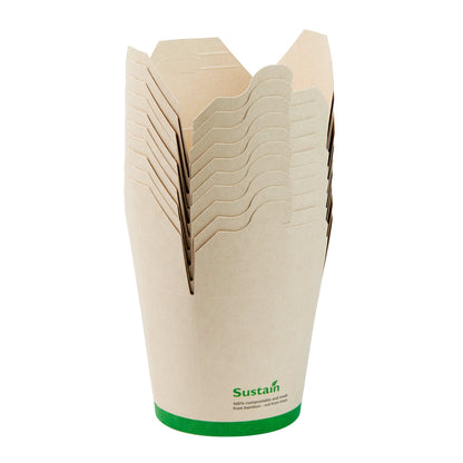 Sustain 26 oz Round Bamboo Paper Noodle Take Out Container - with PLA Lining, Compostable - 4" x 3 1/2" x 3 3/4" - 200 count box