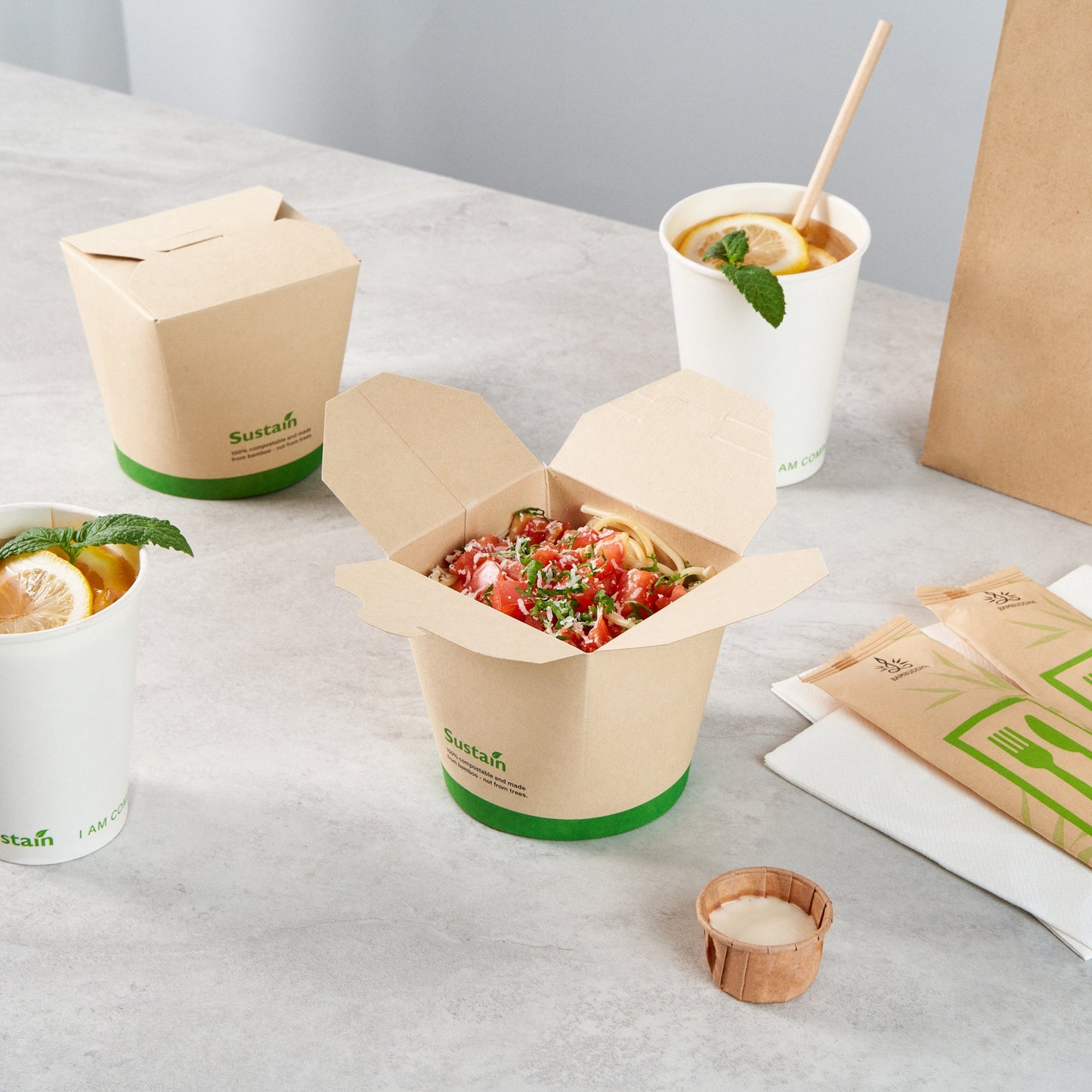 Sustain 26 oz Round Bamboo Paper Noodle Take Out Container - with PLA Lining, Compostable - 4" x 3 1/2" x 3 3/4" - 200 count box
