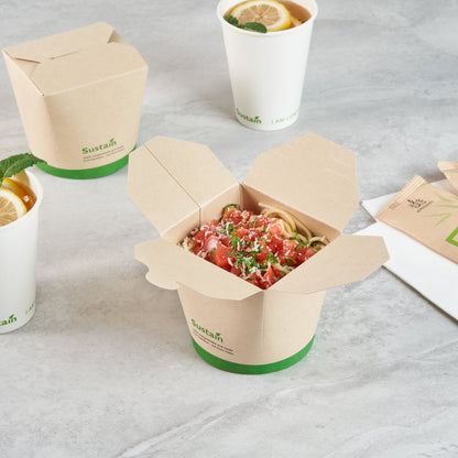 Sustain 26 oz Round Bamboo Paper Noodle Take Out Container - with PLA Lining, Compostable - 4" x 3 1/2" x 3 3/4" - 200 count box