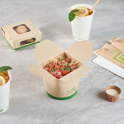 Sustain 26 oz Round Bamboo Paper Noodle Take Out Container - with PLA Lining, Compostable - 4" x 3 1/2" x 3 3/4" - 200 count box