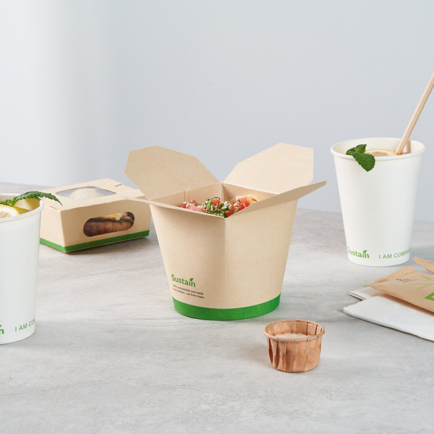 Sustain 26 oz Round Bamboo Paper Noodle Take Out Container - with PLA Lining, Compostable - 4" x 3 1/2" x 3 3/4" - 200 count box