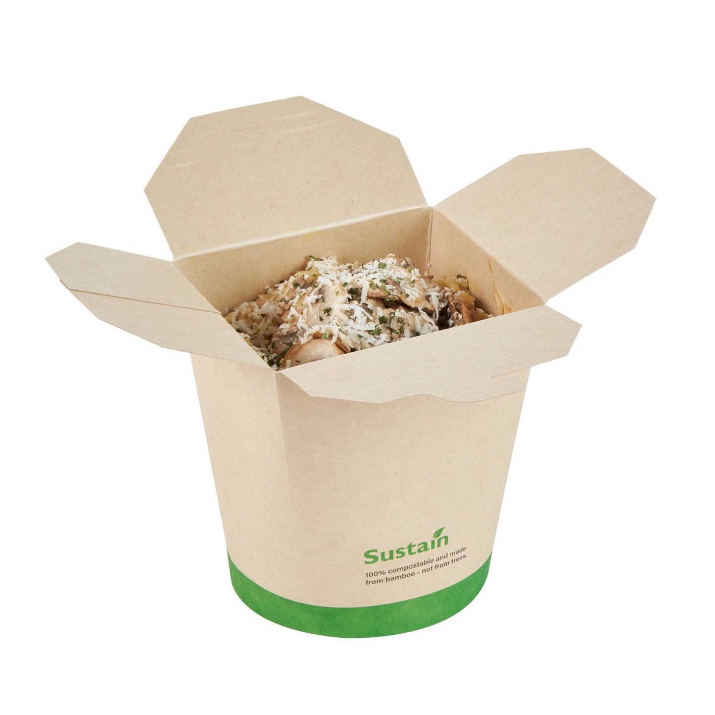 Sustain 32 oz Round Bamboo Paper Noodle Take Out Container - with PLA Lining, Compostable - 4" x 3 1/2" x 4 1/2" - 50 count box