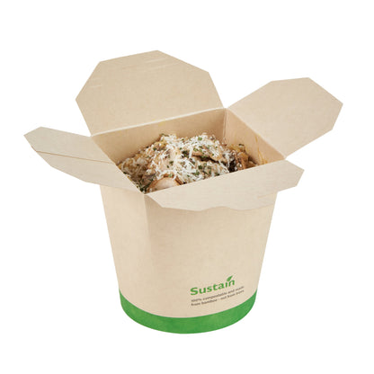 Sustain 32 oz Round Bamboo Paper Noodle Take Out Container - with PLA Lining, Compostable - 4" x 3 1/2" x 4 1/2" - 50 count box