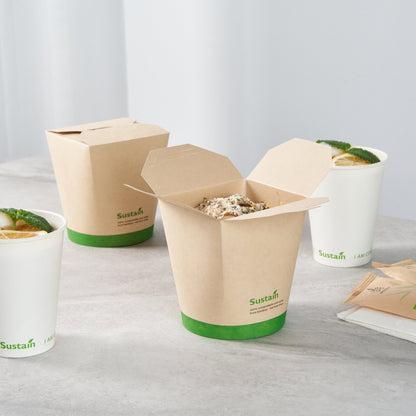 Sustain 32 oz Round Bamboo Paper Noodle Take Out Container - with PLA Lining, Compostable - 4" x 3 1/2" x 4 1/2" - 50 count box