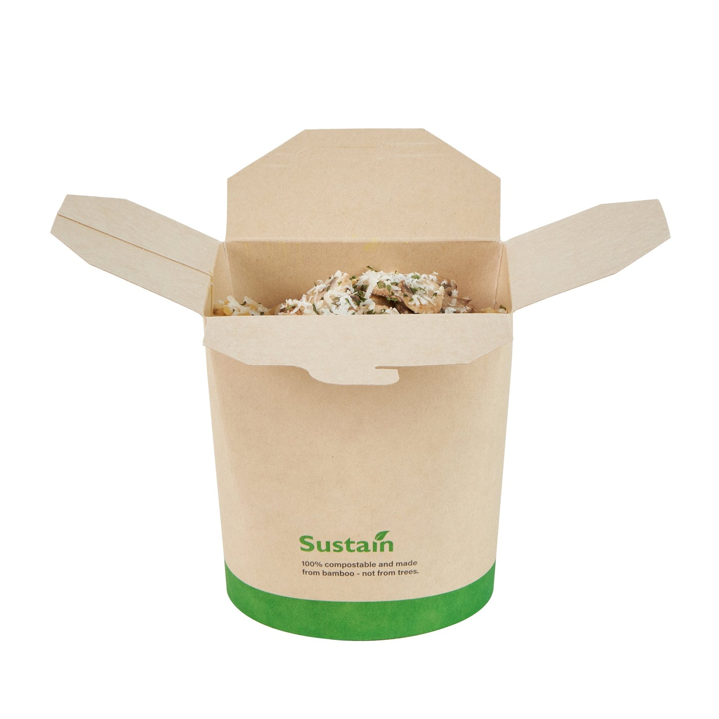 Sustain 32 oz Round Bamboo Paper Noodle Take Out Container - with PLA Lining, Compostable - 4" x 3 1/2" x 4 1/2" - 50 count box