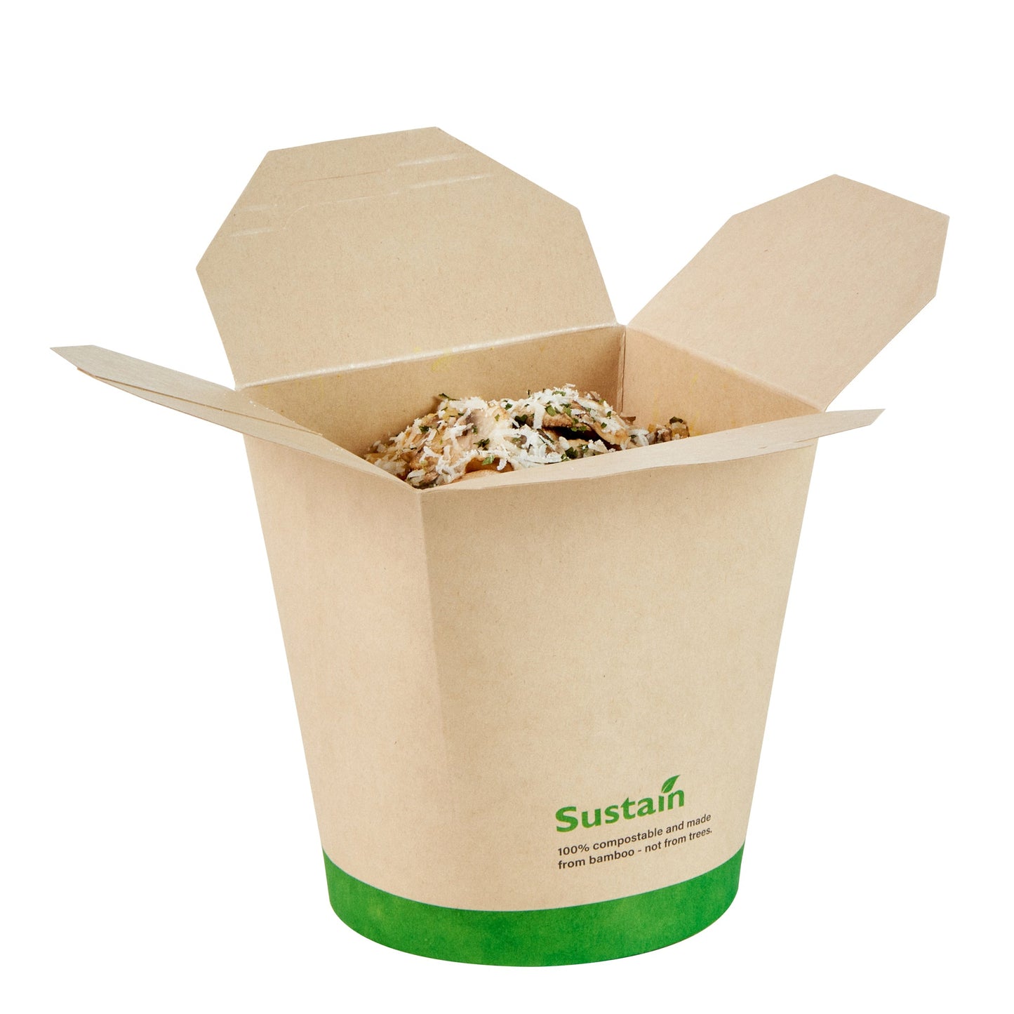 Sustain 32 oz Round Bamboo Paper Noodle Take Out Container - with PLA Lining, Compostable - 4" x 3 1/2" x 4 1/2" - 50 count box