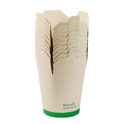 Sustain 32 oz Round Bamboo Paper Noodle Take Out Container - with PLA Lining, Compostable - 4" x 3 1/2" x 4 1/2" - 50 count box