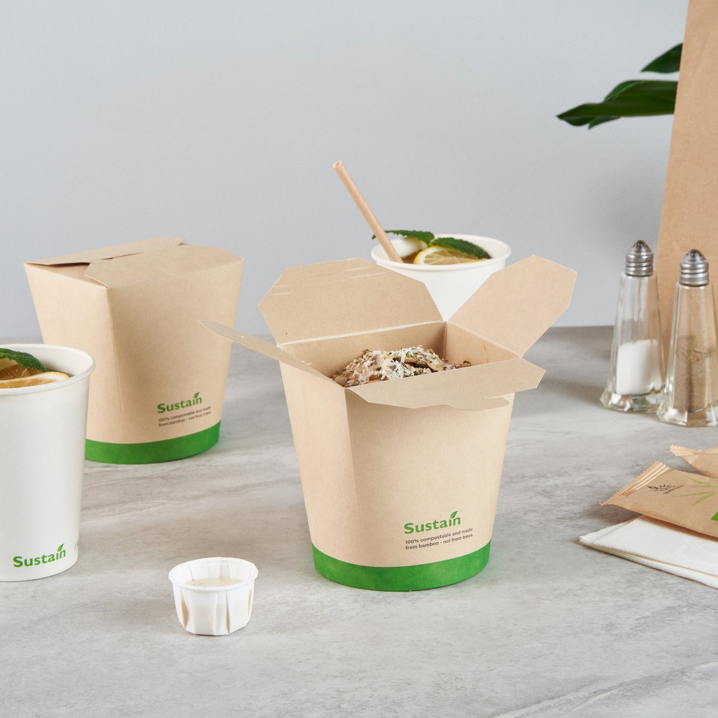 Sustain 32 oz Round Bamboo Paper Noodle Take Out Container - with PLA Lining, Compostable - 4" x 3 1/2" x 4 1/2" - 50 count box