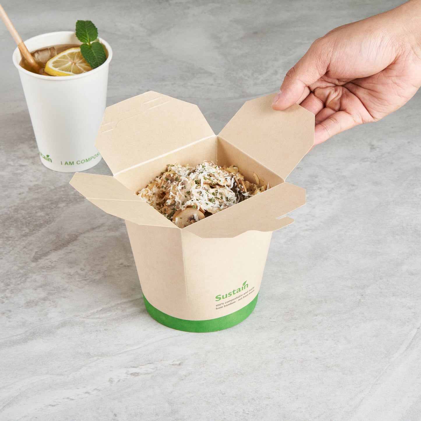 Sustain 32 oz Round Bamboo Paper Noodle Take Out Container - with PLA Lining, Compostable - 4" x 3 1/2" x 4 1/2" - 50 count box