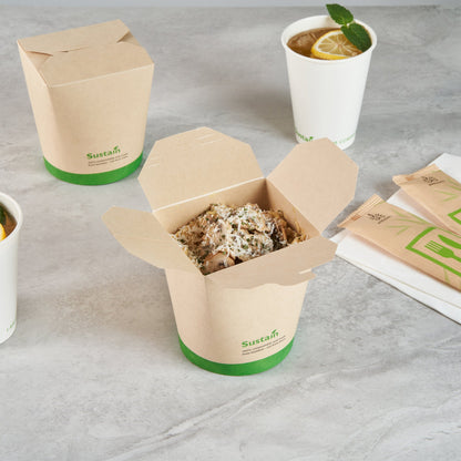 Sustain 32 oz Round Bamboo Paper Noodle Take Out Container - with PLA Lining, Compostable - 4" x 3 1/2" x 4 1/2" - 50 count box