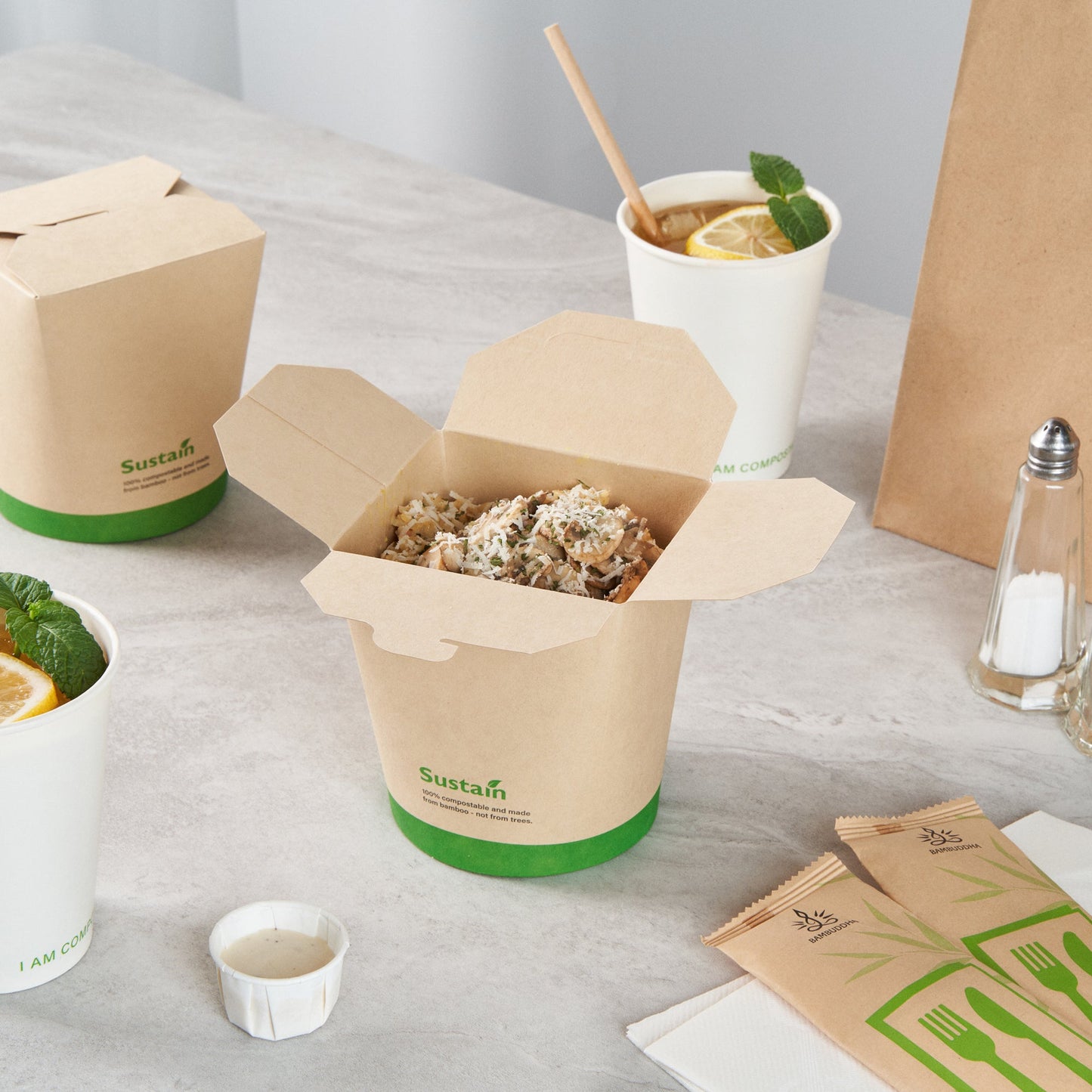 Sustain 32 oz Round Bamboo Paper Noodle Take Out Container - with PLA Lining, Compostable - 4" x 3 1/2" x 4 1/2" - 50 count box