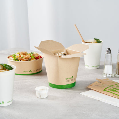 Sustain 32 oz Round Bamboo Paper Noodle Take Out Container - with PLA Lining, Compostable - 4" x 3 1/2" x 4 1/2" - 50 count box