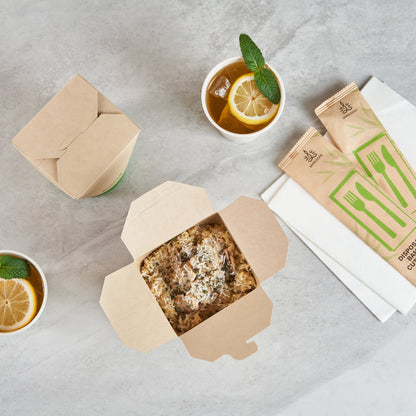 Sustain 32 oz Round Bamboo Paper Noodle Take Out Container - with PLA Lining, Compostable - 4" x 3 1/2" x 4 1/2" - 50 count box