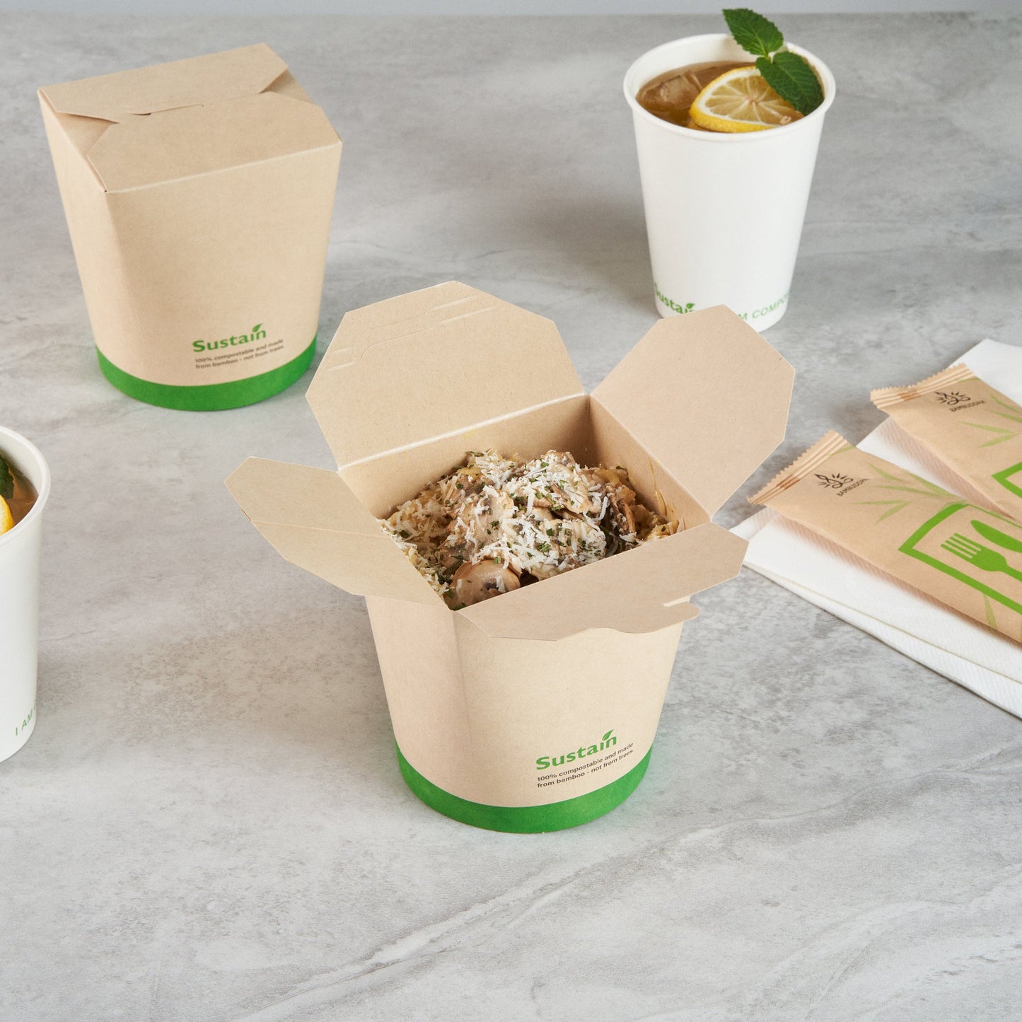 Sustain 32 oz Round Bamboo Paper Noodle Take Out Container - with PLA Lining, Compostable - 4" x 3 1/2" x 4 1/2" - 200 count box
