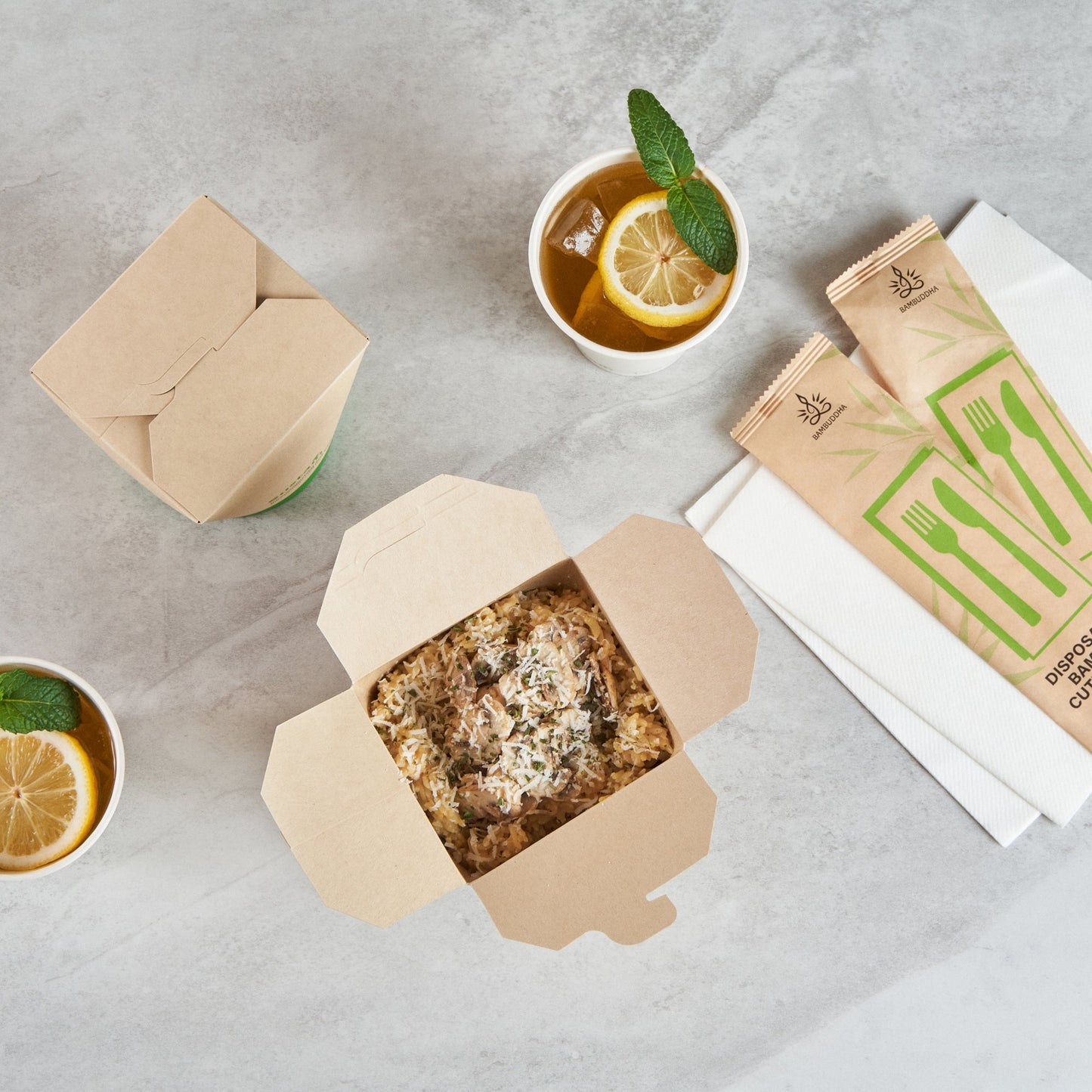 Sustain 32 oz Round Bamboo Paper Noodle Take Out Container - with PLA Lining, Compostable - 4" x 3 1/2" x 4 1/2" - 200 count box