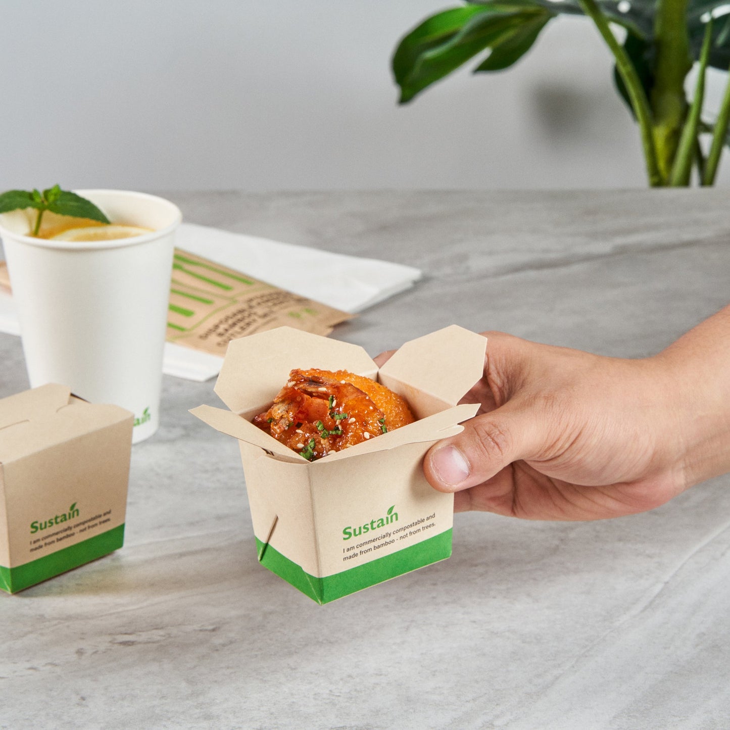 Sustain 8 oz Square Bamboo Paper Noodle Take Out Container - with PLA Lining, Compostable - 2 3/4" x 2 1/4" x 2 1/2" - 50 count box