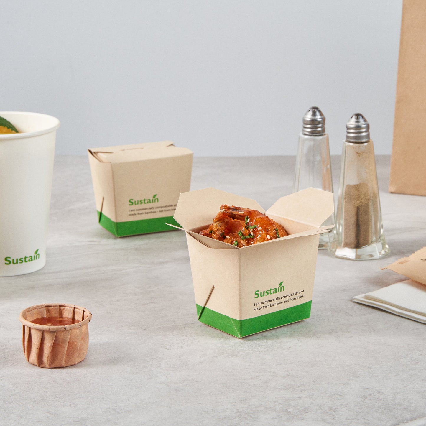 Sustain 8 oz Square Bamboo Paper Noodle Take Out Container - with PLA Lining, Compostable - 2 3/4" x 2 1/4" x 2 1/2" - 200 count box