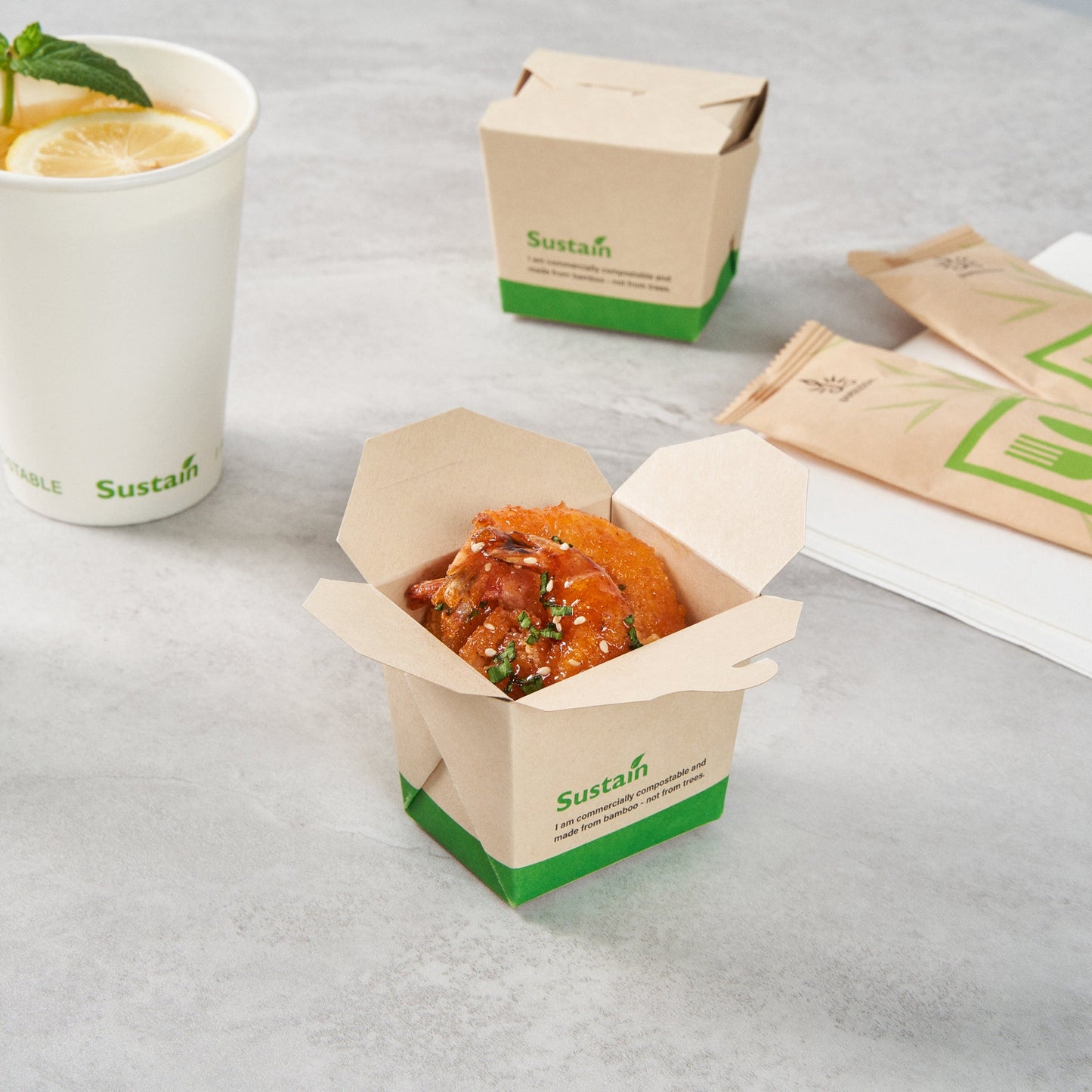Sustain 8 oz Square Bamboo Paper Noodle Take Out Container - with PLA Lining, Compostable - 2 3/4" x 2 1/4" x 2 1/2" - 200 count box