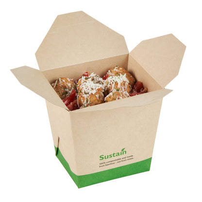 Sustain 26 oz Square Bamboo Paper Noodle Take Out Container - with PLA Lining, Compostable - 4" x 3 1/2" x 4" - 200 count box