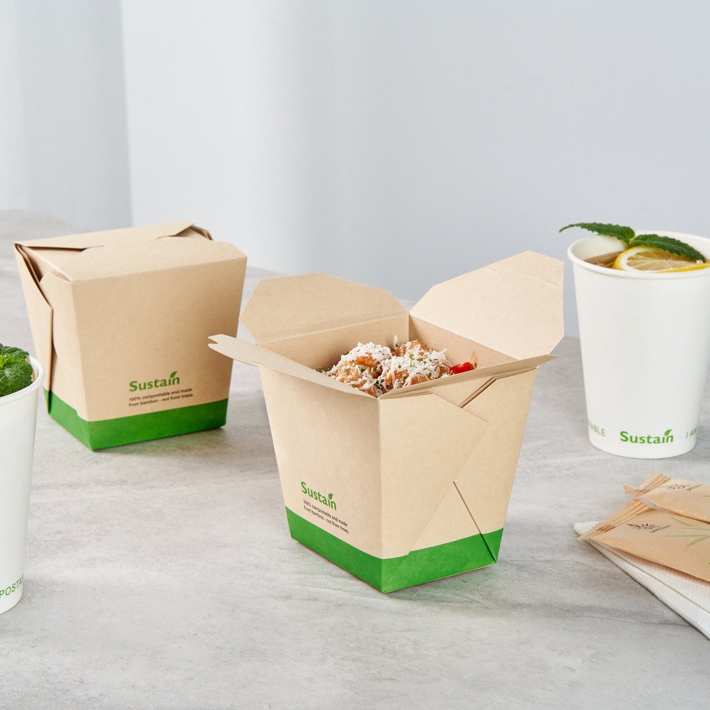 Sustain 26 oz Square Bamboo Paper Noodle Take Out Container - with PLA Lining, Compostable - 4" x 3 1/2" x 4" - 200 count box
