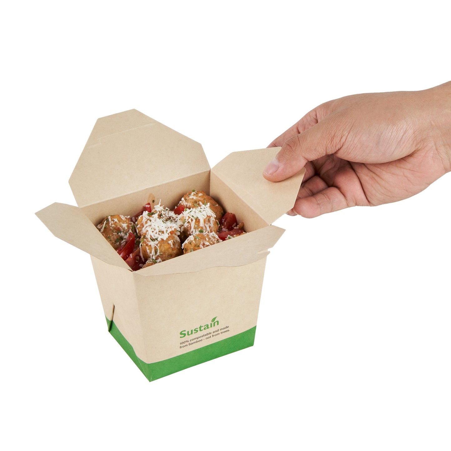 Sustain 26 oz Square Bamboo Paper Noodle Take Out Container - with PLA Lining, Compostable - 4" x 3 1/2" x 4" - 50 count box
