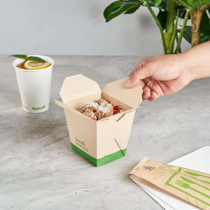 Sustain 26 oz Square Bamboo Paper Noodle Take Out Container - with PLA Lining, Compostable - 4" x 3 1/2" x 4" - 50 count box