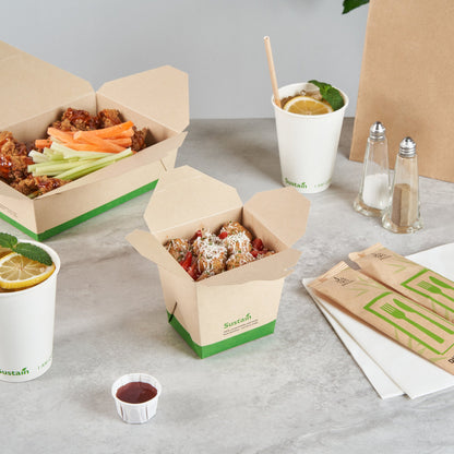 Sustain 26 oz Square Bamboo Paper Noodle Take Out Container - with PLA Lining, Compostable - 4" x 3 1/2" x 4" - 50 count box