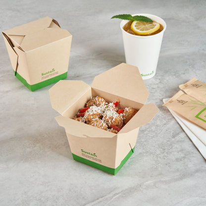 Sustain 26 oz Square Bamboo Paper Noodle Take Out Container - with PLA Lining, Compostable - 4" x 3 1/2" x 4" - 50 count box