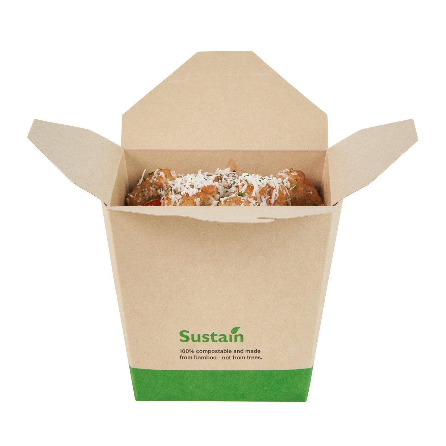 Sustain 26 oz Square Bamboo Paper Noodle Take Out Container - with PLA Lining, Compostable - 4" x 3 1/2" x 4" - 200 count box
