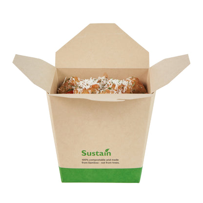 Sustain 26 oz Square Bamboo Paper Noodle Take Out Container - with PLA Lining, Compostable - 4" x 3 1/2" x 4" - 200 count box