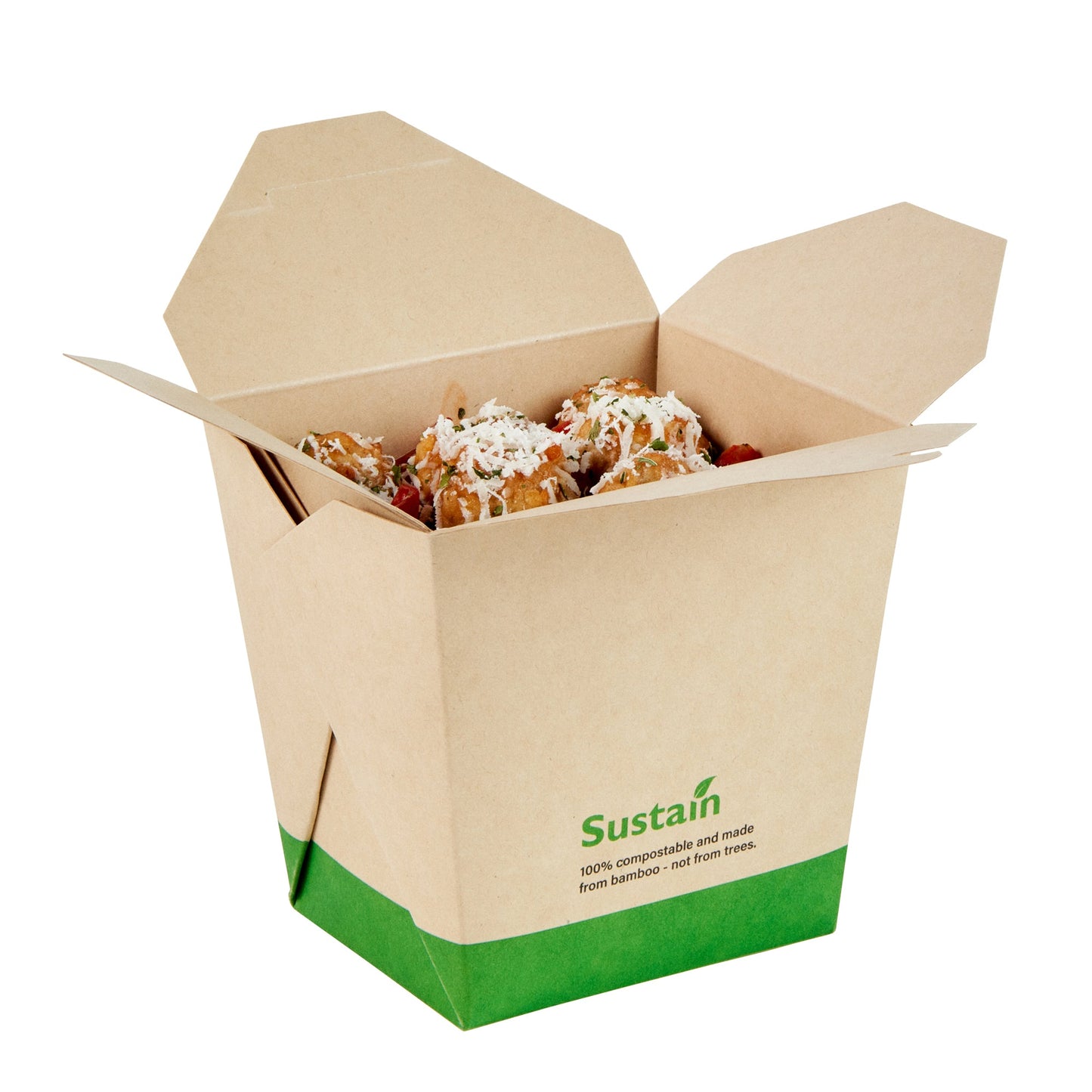 Sustain 26 oz Square Bamboo Paper Noodle Take Out Container - with PLA Lining, Compostable - 4" x 3 1/2" x 4" - 200 count box