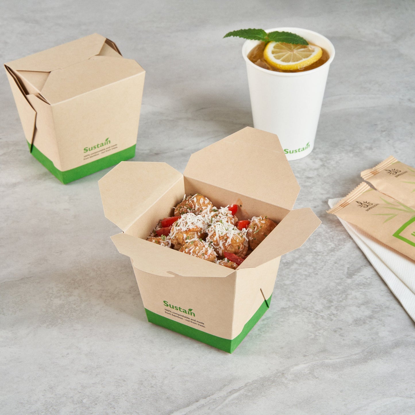 Sustain 26 oz Square Bamboo Paper Noodle Take Out Container - with PLA Lining, Compostable - 4" x 3 1/2" x 4" - 200 count box