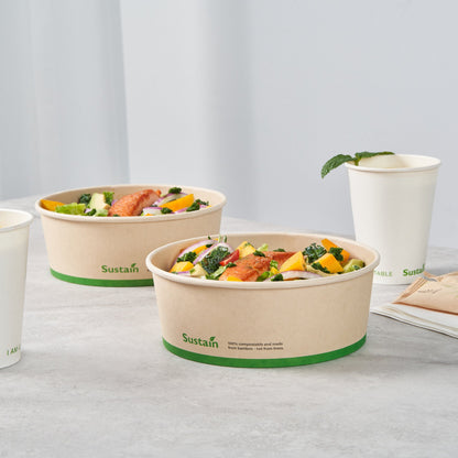 Sustain 44 oz Round Bamboo Paper Salad Container - with PLA Lining, Compostable - 7 1/4" x 7 1/4" x 2 1/2" - 50 count box