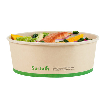 Sustain 44 oz Round Bamboo Paper Salad Container - with PLA Lining, Compostable - 7 1/4" x 7 1/4" x 2 1/2" - 50 count box