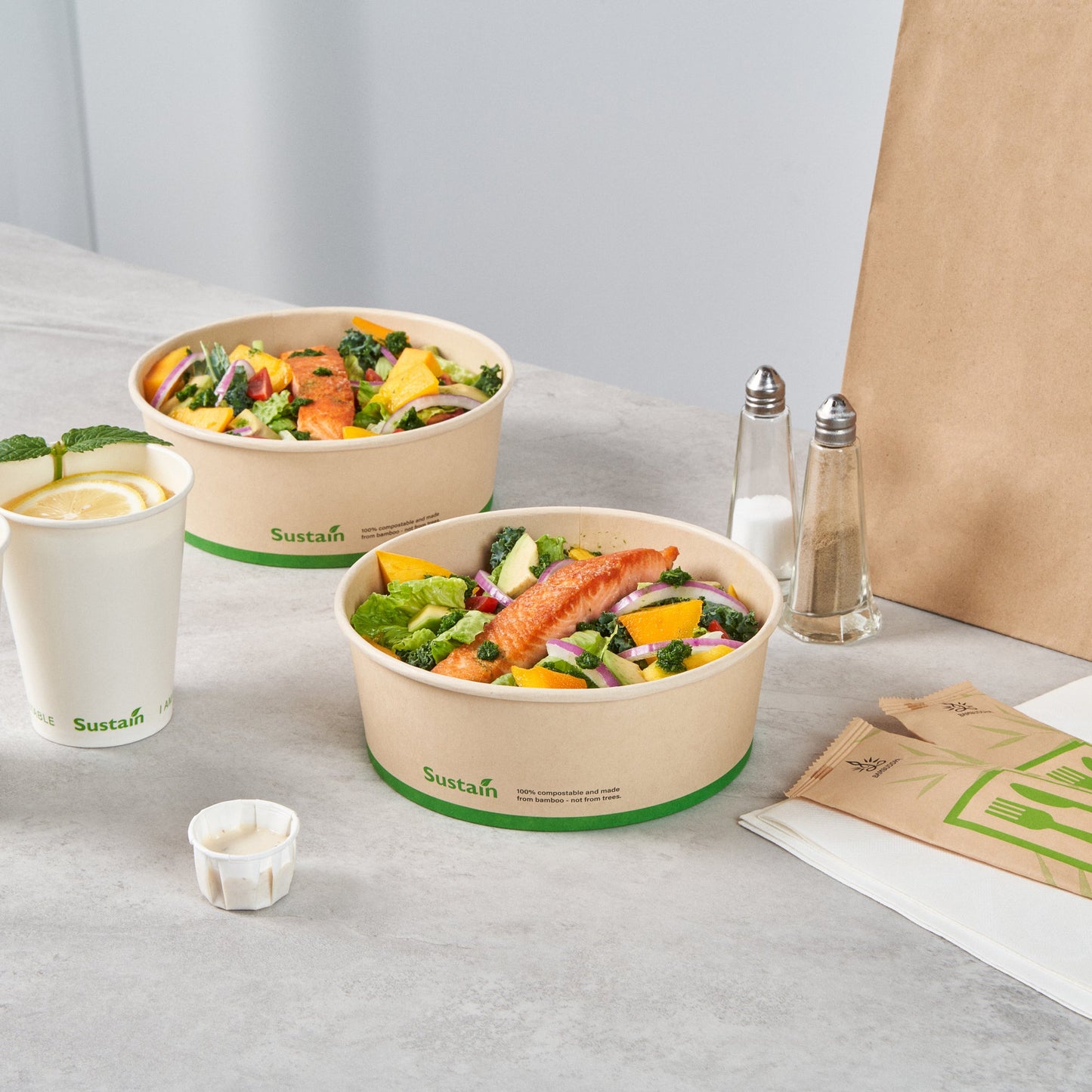 Sustain 44 oz Round Bamboo Paper Salad Container - with PLA Lining, Compostable - 7 1/4" x 7 1/4" x 2 1/2" - 50 count box