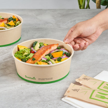 Sustain 44 oz Round Bamboo Paper Salad Container - with PLA Lining, Compostable - 7 1/4" x 7 1/4" x 2 1/2" - 50 count box