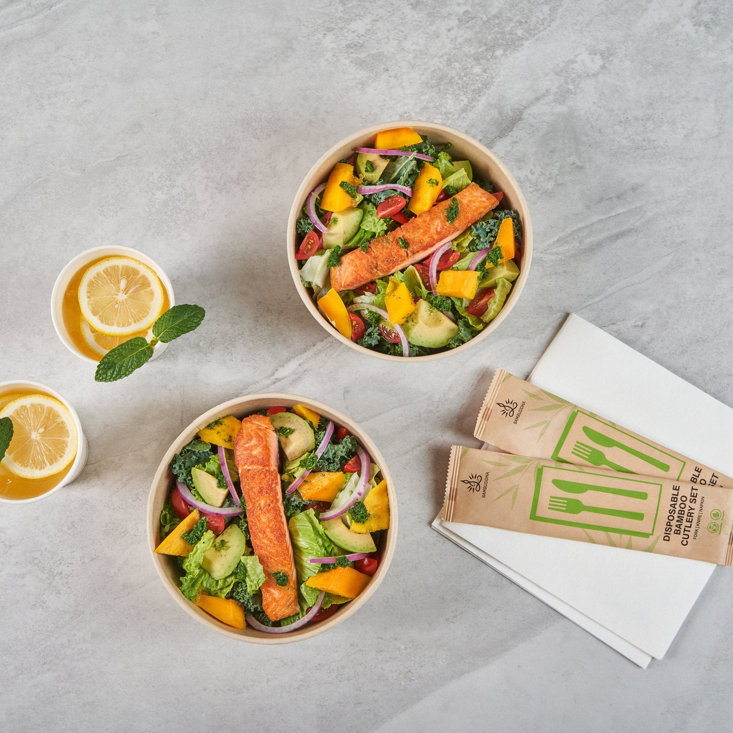 Sustain 44 oz Round Bamboo Paper Salad Container - with PLA Lining, Compostable - 7 1/4" x 7 1/4" x 2 1/2" - 50 count box