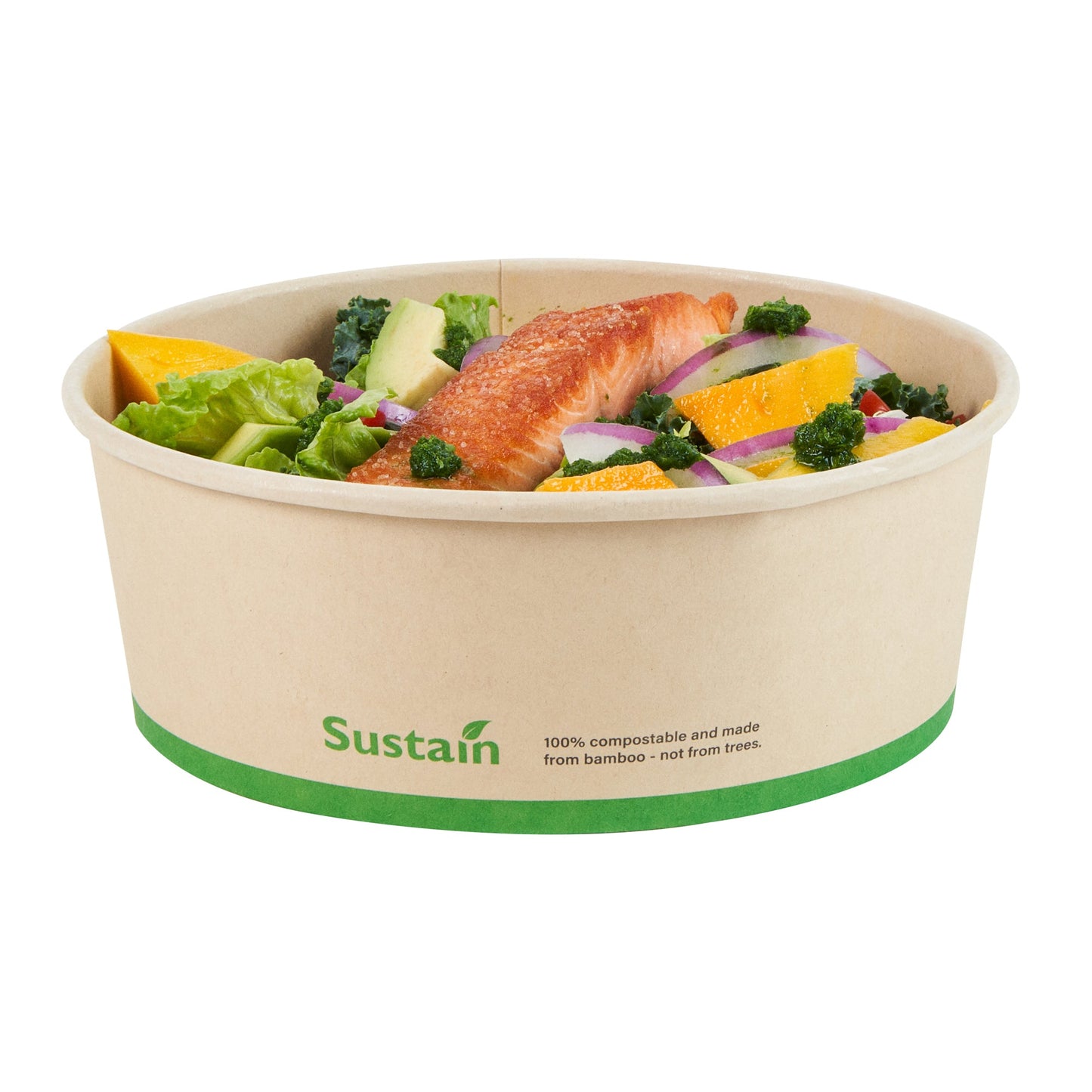Sustain 44 oz Round Bamboo Paper Salad Container - with PLA Lining, Compostable - 7 1/4" x 7 1/4" x 2 1/2" - 200 count box