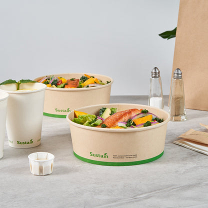 Sustain 44 oz Round Bamboo Paper Salad Container - with PLA Lining, Compostable - 7 1/4" x 7 1/4" x 2 1/2" - 200 count box