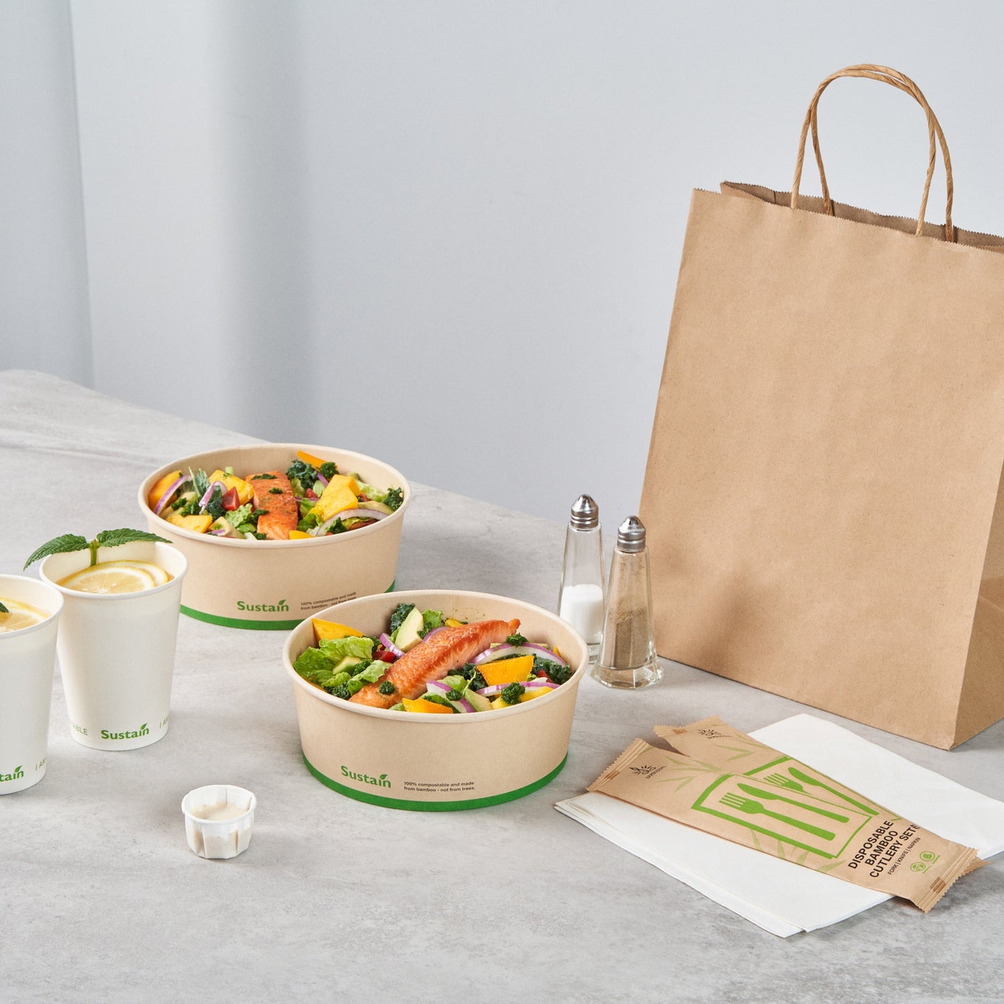 Sustain 44 oz Round Bamboo Paper Salad Container - with PLA Lining, Compostable - 7 1/4" x 7 1/4" x 2 1/2" - 200 count box