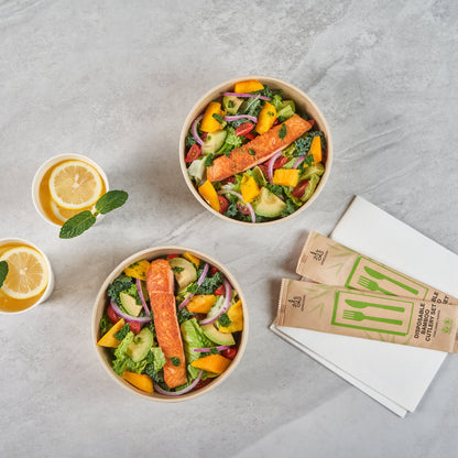 Sustain 44 oz Round Bamboo Paper Salad Container - with PLA Lining, Compostable - 7 1/4" x 7 1/4" x 2 1/2" - 200 count box