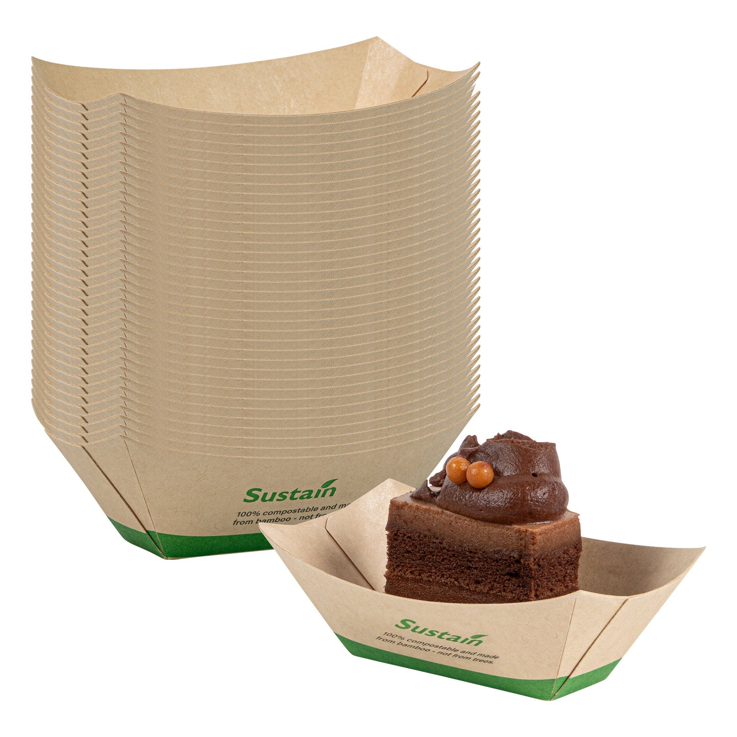 Sustain 2 oz Bamboo Paper Food Tray / Boat - with PLA Lining, Compostable - 2" x 3/4" x 1 1/4" - 50 count box