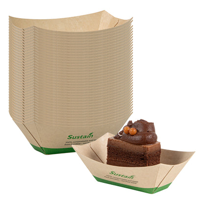 Sustain 2 oz Bamboo Paper Food Tray / Boat - with PLA Lining, Compostable - 2" x 3/4" x 1 1/4" - 50 count box