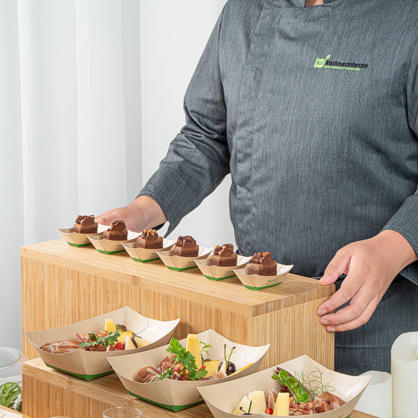 Sustain 2 oz Bamboo Paper Food Tray / Boat - with PLA Lining, Compostable - 2" x 3/4" x 1 1/4" - 50 count box