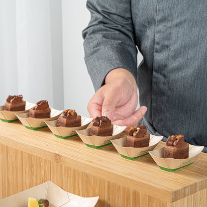 Sustain 2 oz Bamboo Paper Food Tray / Boat - with PLA Lining, Compostable - 2" x 3/4" x 1 1/4" - 50 count box
