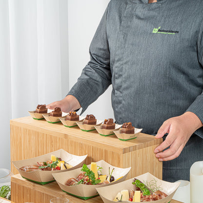 Sustain 2 oz Bamboo Paper Food Tray / Boat - with PLA Lining, Compostable - 2" x 3/4" x 1 1/4" - 400 count box