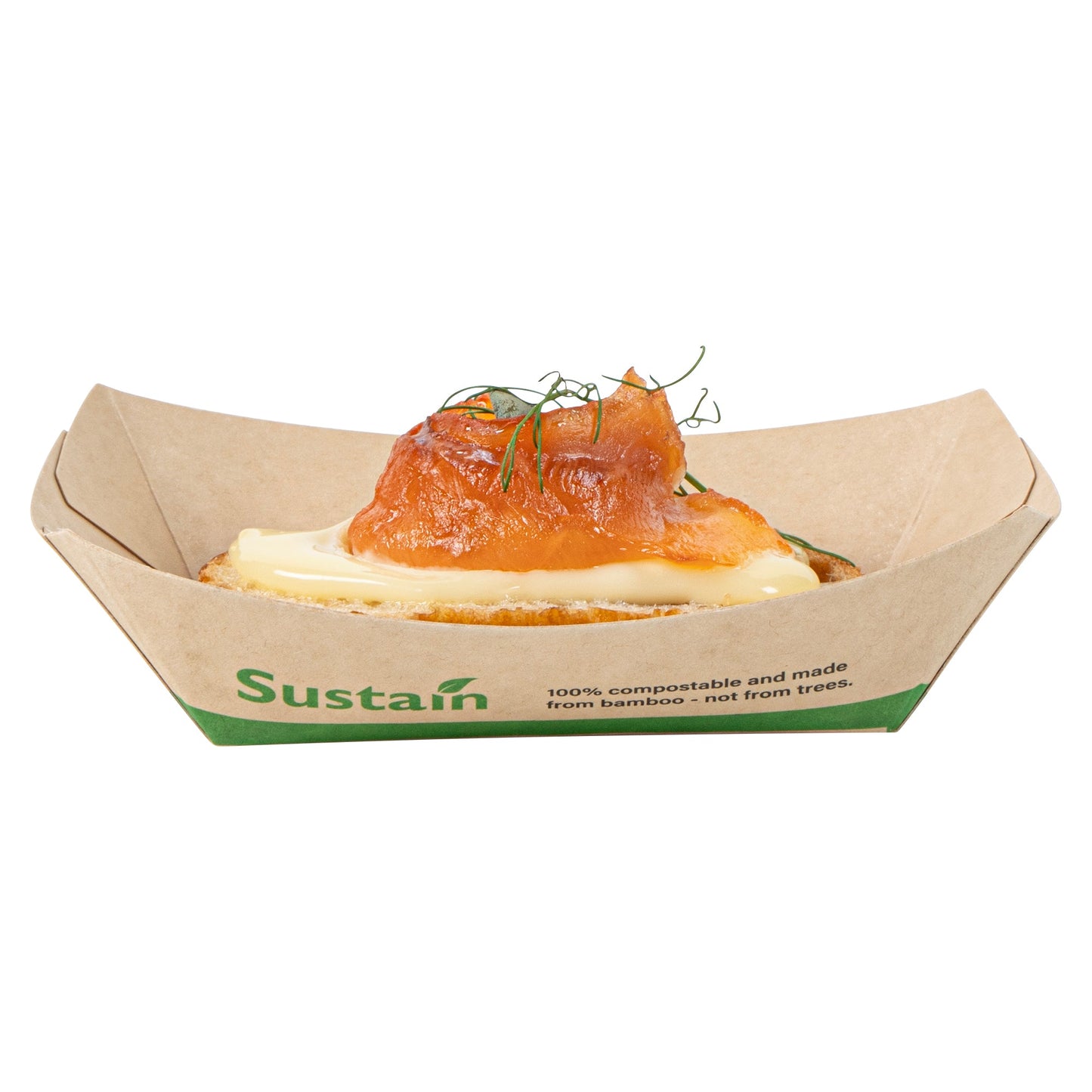 Sustain 4 oz Bamboo Paper # 25 Food Tray / Boat - with PLA Lining, Compostable - 3" x 2" x 1" - 50 count box