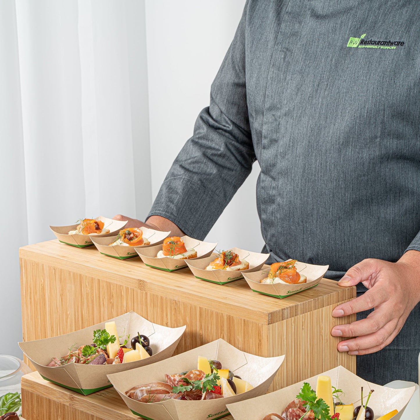 Sustain 4 oz Bamboo Paper # 25 Food Tray / Boat - with PLA Lining, Compostable - 3" x 2" x 1" - 50 count box